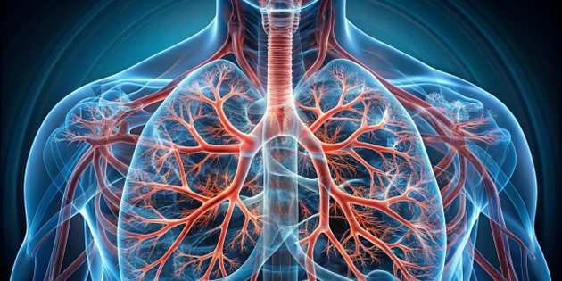 An anatomical illustration of human lungs, showcasing intricate vascular structures. The image highlights the bronchial tubes and surrounding blood vessels, emphasizing their interconnectedness and role in the respiratory system. The background features a gradient, enhancing the visual details of the lungs.